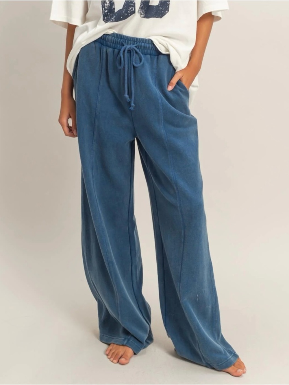 NEW Double Zero Navy Blue Acid Wash French Terry Wide Leg Lounge Pants